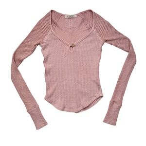 We The Free Love Me Better Tee Thermal Top Pink Waffle Knit V-Neck Thumbholes XS